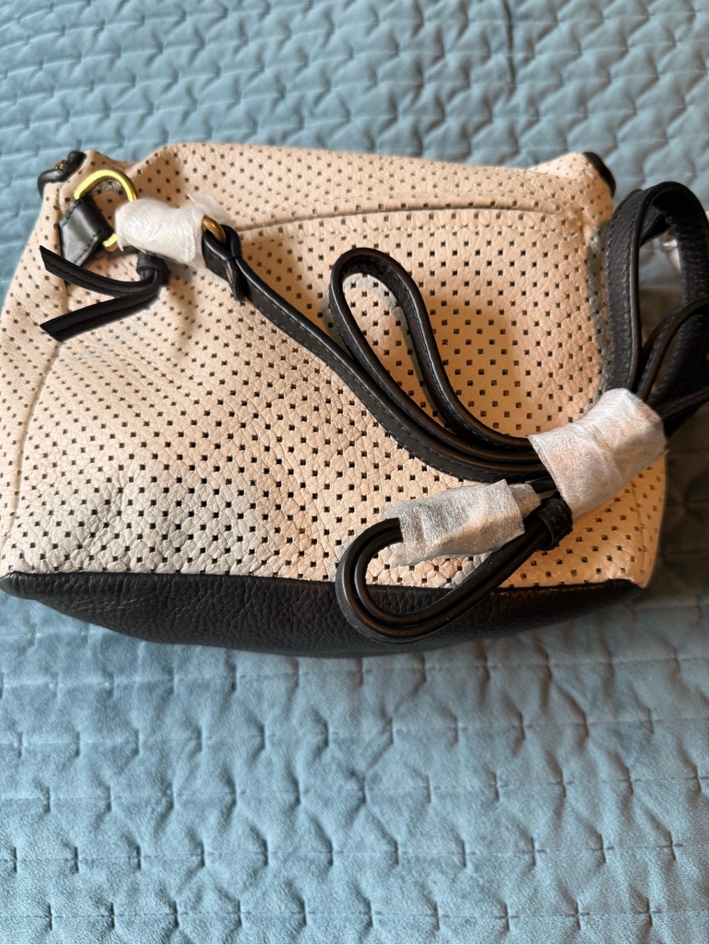 Kempton & Co Mini Rough Night
Perforated Cream Crossbody Bag with Black Trim - Picture 2 of 4